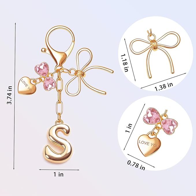 Gold Bubble Initial Keychain with Bow Decoration Bag Charms for Women, Cute Purse Handbag Accessories Gift