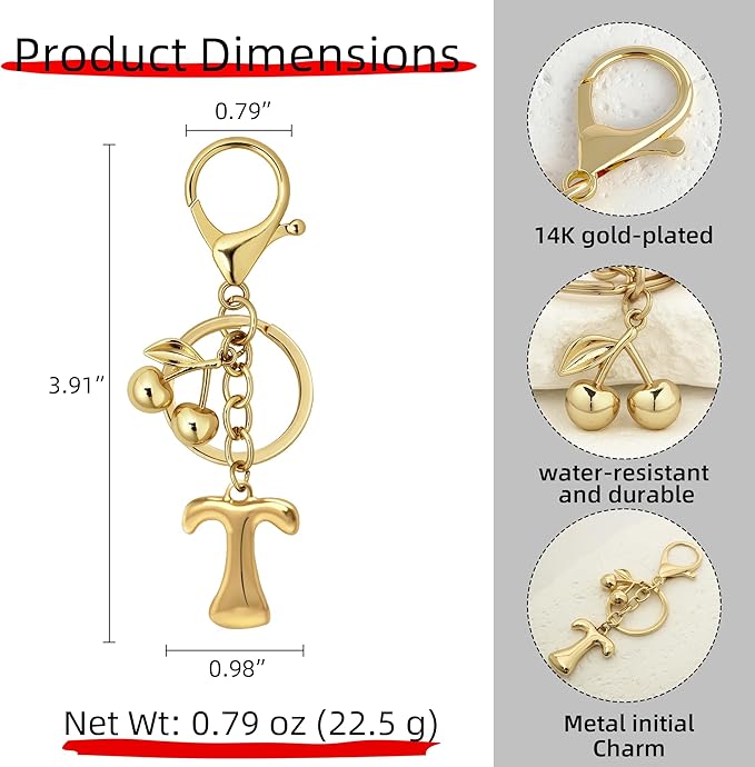 Gold Bubble Heart, Cherry, Bow & More Designs Letter Initial Keychain Bag Charms – Cute Purse Charms for Handbags