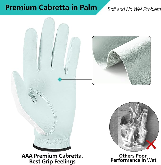 Yamato 3 Pack Men's Golf Gloves - Durable White Cabretta Leather All Weather Gloves for Right Handed Golfers, Breathable, Soft Comfortable Grip