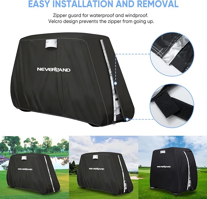 NEVERLAND Golf Cart Cover - Waterproof Golf Cart Covers - Fits for Yamaha Golf Carts EZ GO Club Car - Outdoor Windproof Sunproof (Black, Fit for 2+2/4 Passenger Cart)