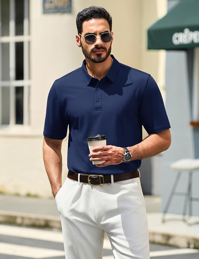 TACVASEN Mens Polo Shirts Short Sleeve Pique 3 Buttons Golf Polo Cooling Performance Moisture Wicking Shirt