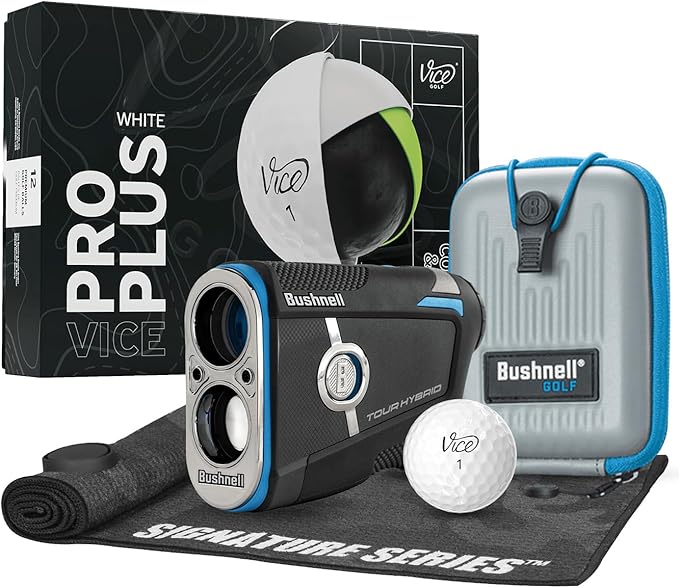 Bushnell Golf Tour Hybrid GPS Laser Rangefinder with Vice Balls | Slope Compensation, Magnetic Mount, Front/Middle/Back Distance, 1300 YD Range, PinSeeker | Signature Series Golf Towel