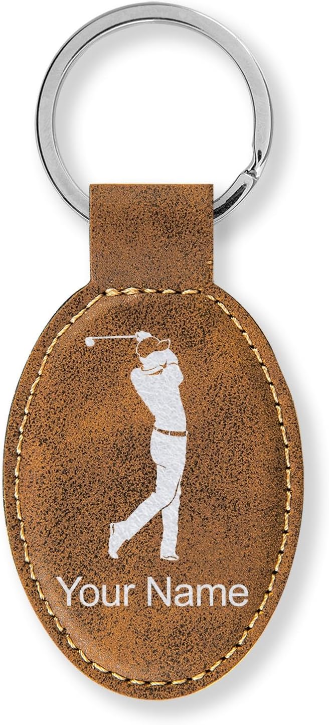 LaserGram Oval Keychain, Golfer Golfing, Personalized Engraving Included (Rustic with Silver)