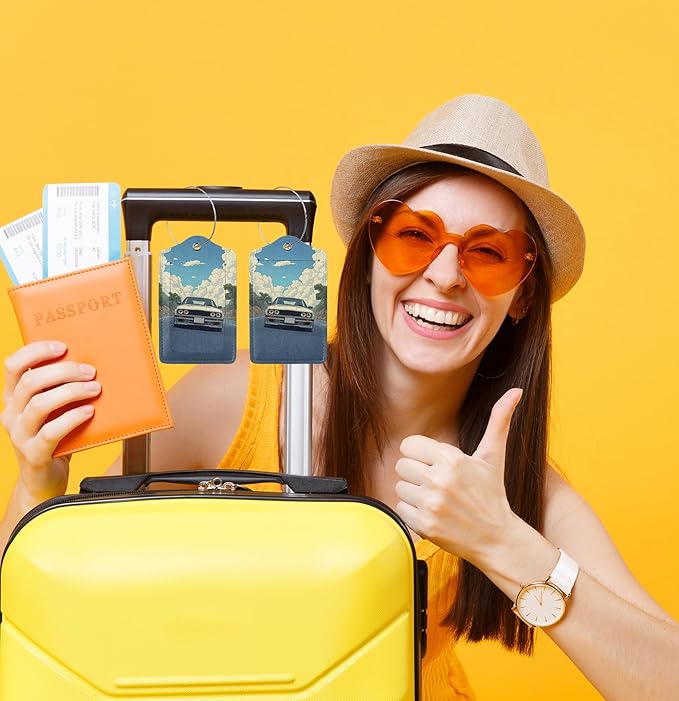 TSA Approved Luggage Tags for Suitcases Cartoon car 2 Pack Funny Leather Carnival Cruise Airport Cute Travel Name Tags Golf Bag tag Ships Essentials Privacy Cover ID Label for Women Men