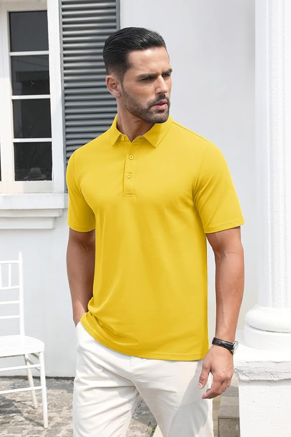 MAGCOMSEN Men's Polo Shirts Short Sleeve Cotton Pique 3 Button Classic Fit Casual T-Shirt Performance Golf Shirts