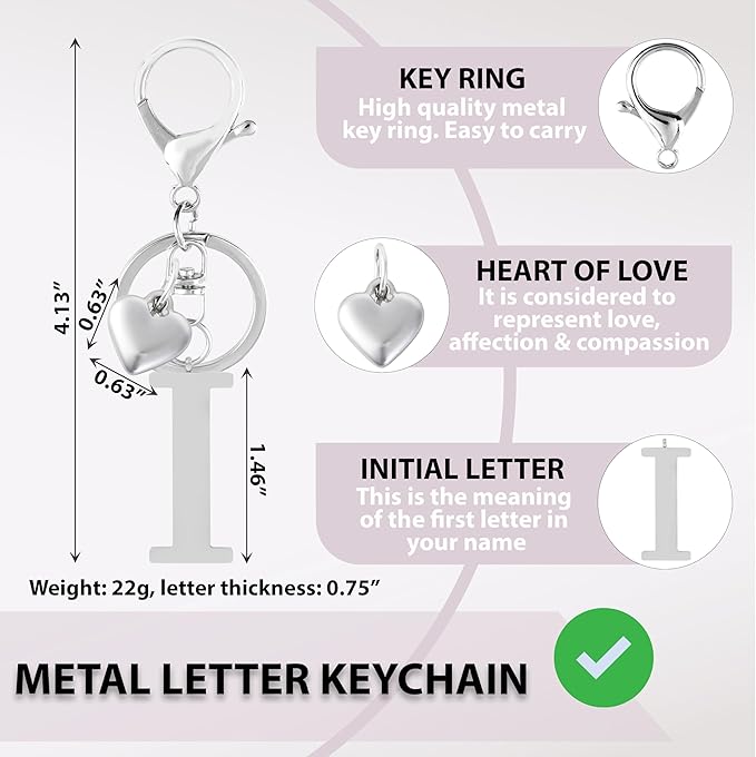 Metal Heart Alphabet Keychain for Women, Girls - Cute Initial Letter Accessories for Purse, Bag Charms and Backpack