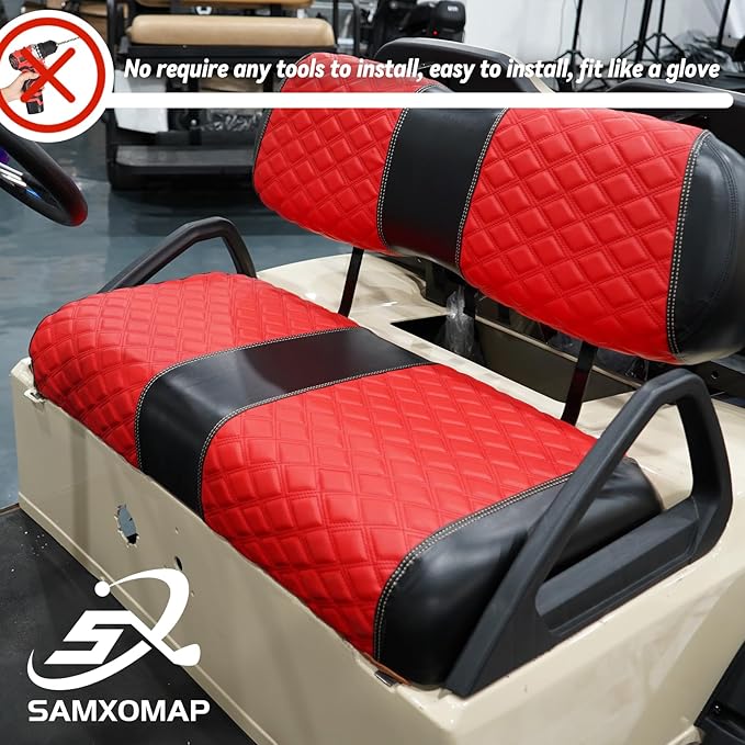 Golf Cart Front and Rear Seat Covers Waterproof and Sun Resistant Marine Grade Vinyl Leather Seat Cover Accessories for Club Car DS 2000.5-up,Red(4PCS)