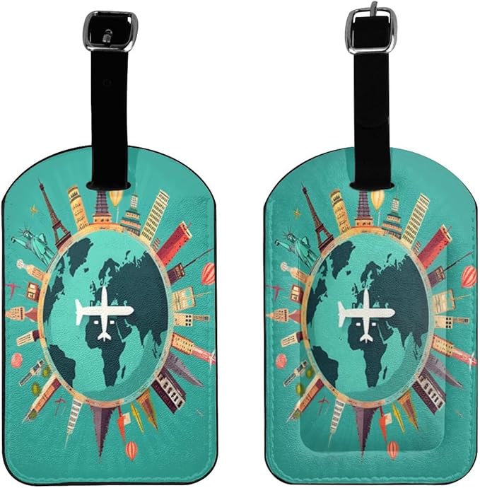 Funny Famous Landmarks Airplane Luggage Tag for Suitcases,Around World Map PU Leather Baggage Tags Bag Tags Travel Id Label for Luggage Women Men -1 Piece