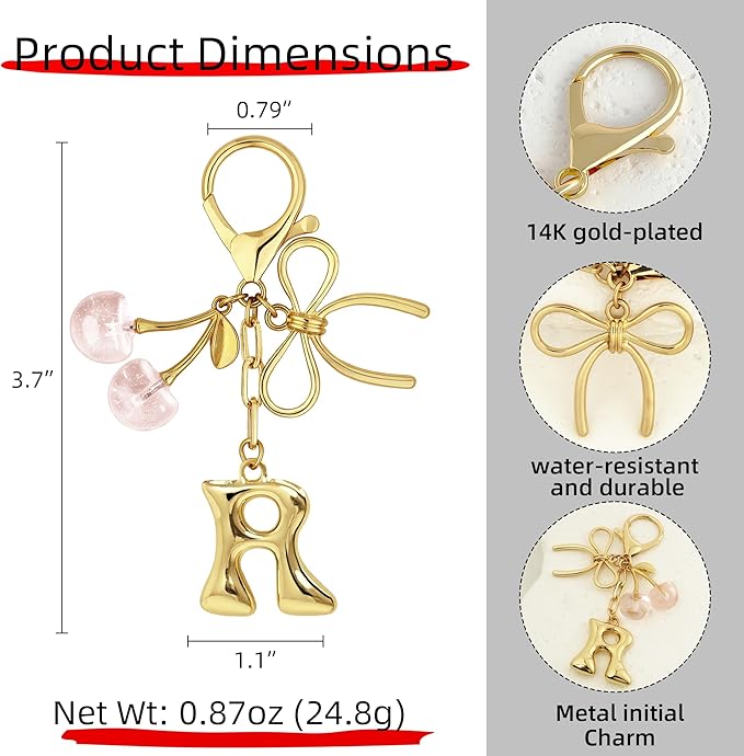 Gold Bubble Heart, Cherry, Bow & More Designs Letter Initial Keychain Bag Charms – Cute Purse Charms for Handbags
