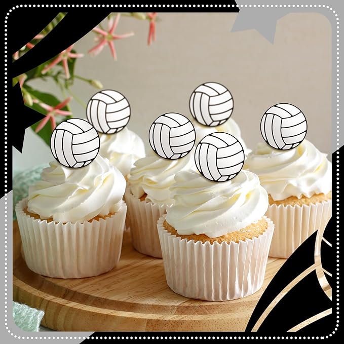 Honeydak 48 Pcs Black Volleyball Cupcake Rings Toppers Decoration Sport Ball Theme Cupcake Picks Cake Decoration for Sport Baby Shower Birthday Party Cake Supplies