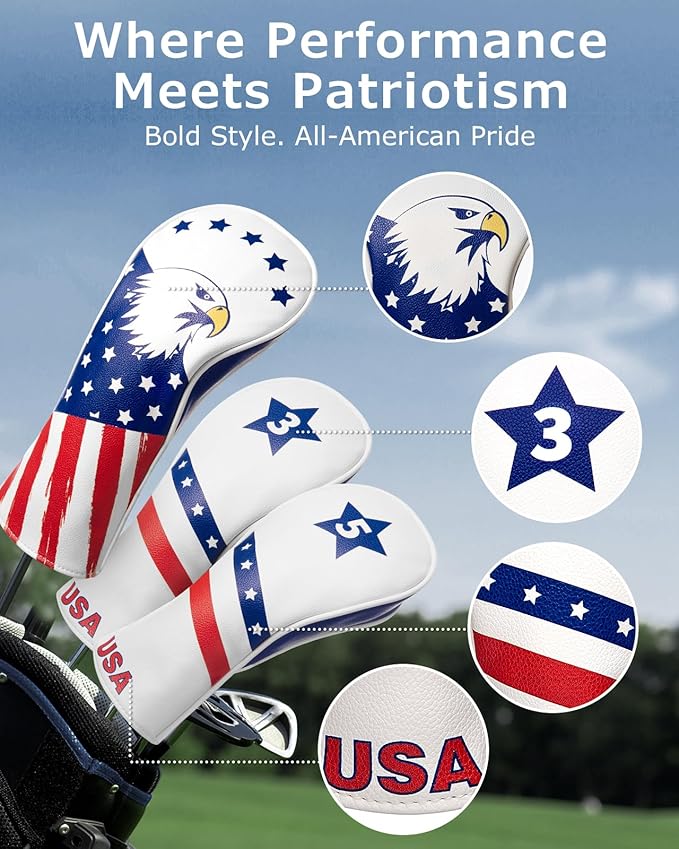Golf Head Covers, 3 Pack Golf Club Head Covers USA Stars and Stripes, Velour Lined for Extra Club Protection, Designed to Fit All Woods and Drivers Velour Lined