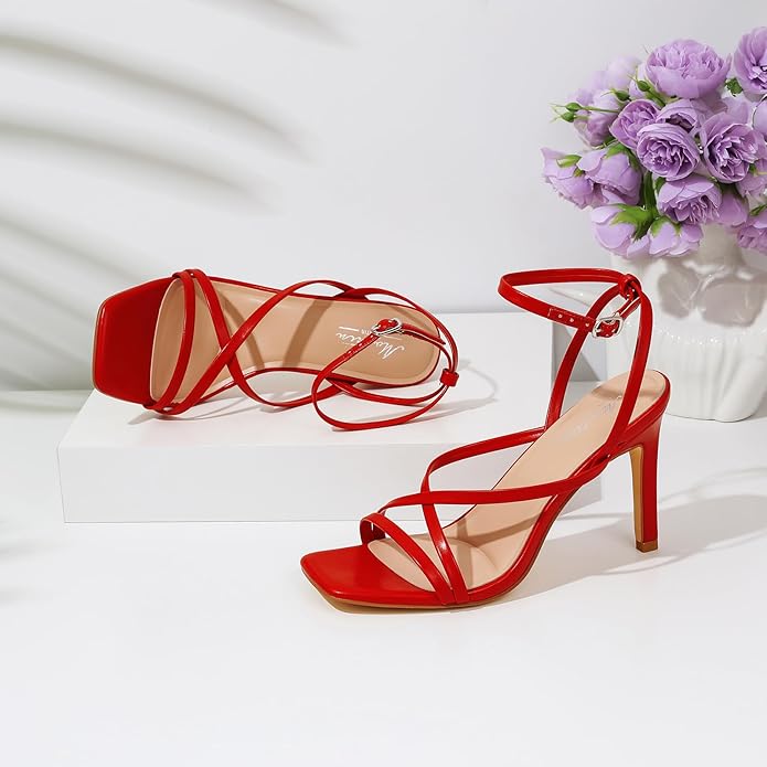 Mostrin Strappy Heels for Women Square Open Toe Lace Up Heeled Sandals Ankle Strap Sexy Stiletto High Heels for Party, Prom, Dating, Wedding