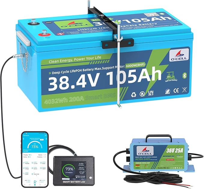 O'CELL 36V 105Ah LiFePO4 Golf Cart Battery+Mounting Bracket, 10+ Year Lifespan, 38.4V 4032Wh Lithium with 200A BMS, 4.9'' LCD/Bluetooth, 36V 25A Charger IP67 - Fit Club Car, EZ GO, Yamaha, Lawn Mower