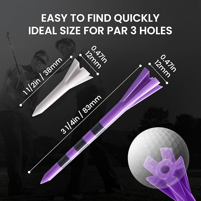 FINGER TEN Unbreakable Golf Tees Plastic 80 3 1/4" or 2 3/4" Driver Tees with 20 1 1/2" Iron Tees Assorted Pack, Low Resistance & Consistent Height Long Short Tees with Bright Colors