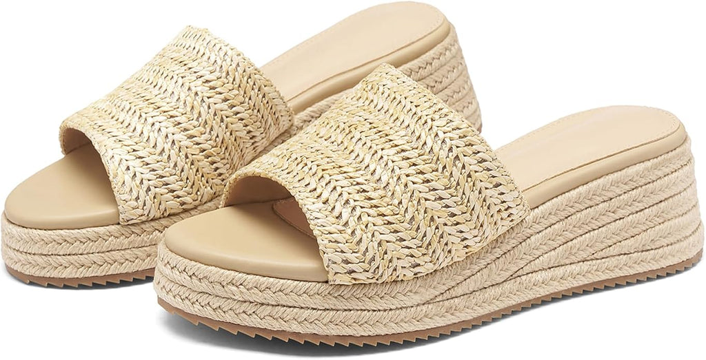 Platform Sandals Women Raffia Slip On Wedge Sandals,Comfortable Summer Wicker Espadrilles,Straw Beach Vacation Slides Shoes