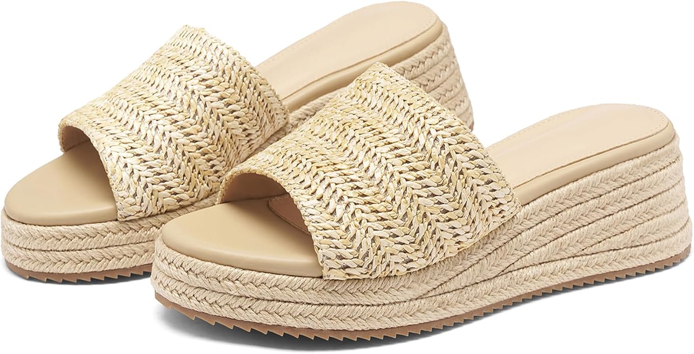 Platform Sandals Women Raffia Slip On Wedge Sandals,Comfortable Summer Wicker Espadrilles,Straw Beach Vacation Slides Shoes