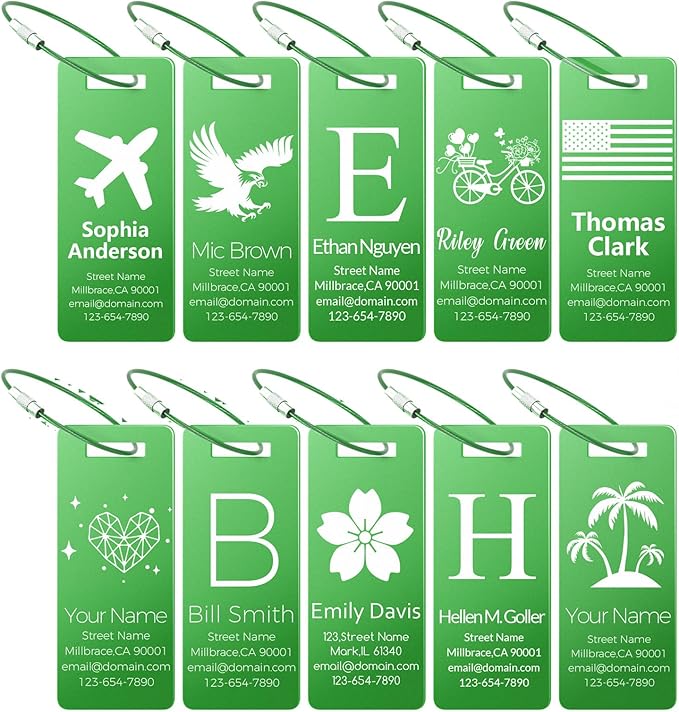10 Personalized Metal Luggage Tags, Custom Suitcase Aluminum Name Tags with Steel Ring, Laser Engraved Name and Logo, for Travel, Backpack, Baggage, Golf Bag (Green)