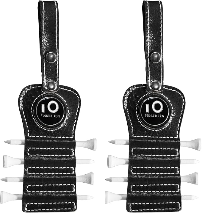 FINGER TEN Golf Tee Holder with Ball Marker and 4 Pcs Wood Tees Value 1/2 Pack, Luxury Leather Gift Hook to Golf Bag Belt Clip