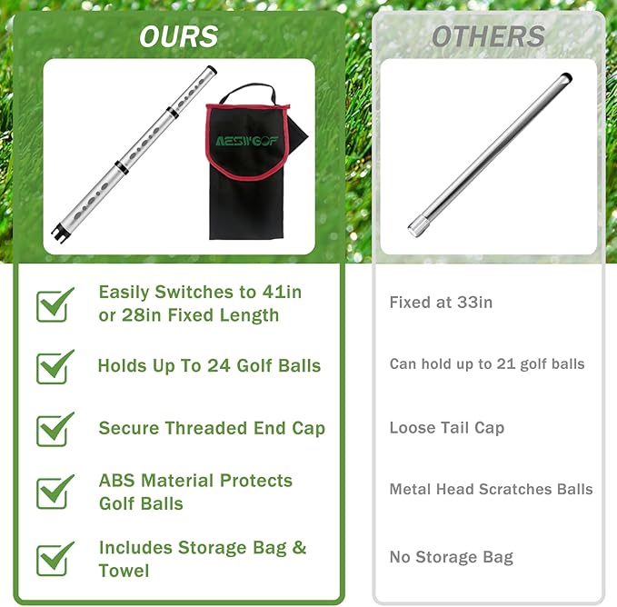 Golf Ball Retriever & Picker Upper Tube with Carry Bag, Ball Towel & Twist-On Caps, Durable Aluminum Alloy, Holds 24 Balls
