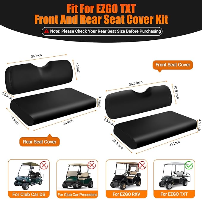 4PCS Golf Cart Seat Covers Compatible with EZGO TXT 1994-2013 Front & Aftermarket Rear Seat Kits | Waterproof Thickened PU Leather | No Staple Installation, Black