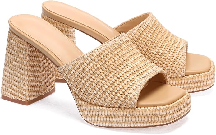 Monrovia Womens Sandals Heels for Women Slide On Block Chunky Platform High Heels Open Toe Raffia Wedge Sandals