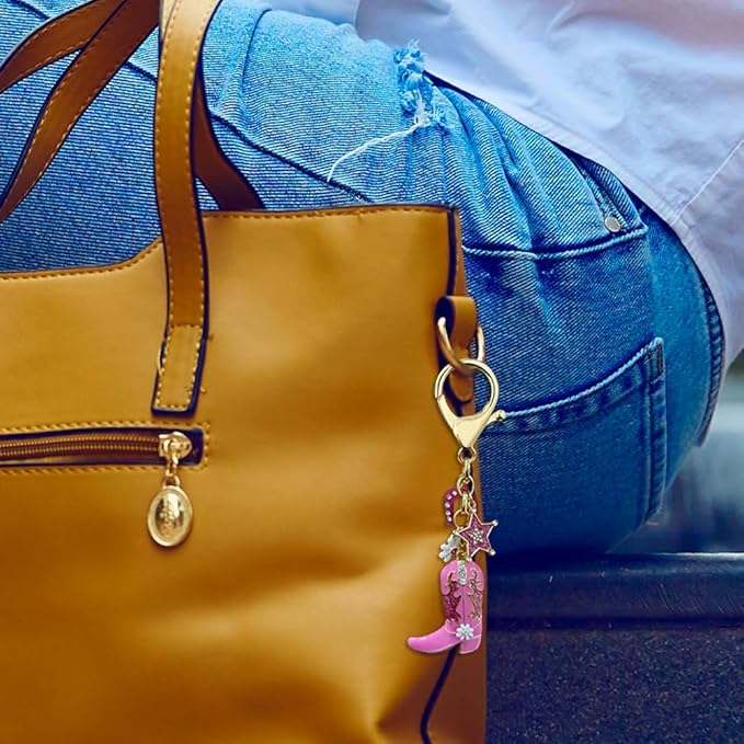 Madison Tyler Western Cowboy Boots Cherry Bow Bubble Tea Strawberry Cute Keychain | Bag Charms for Handbags Purse Charms