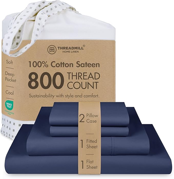 Threadmill Luxury 800 Thread Count California King 100% Cotton Sheets - Folkstone Blue Sateen Weave Bed-Sheets, Better Than Egyptian Cotton, 4 Pc Solid Bed Set, Fits 16" Deep Pocket
