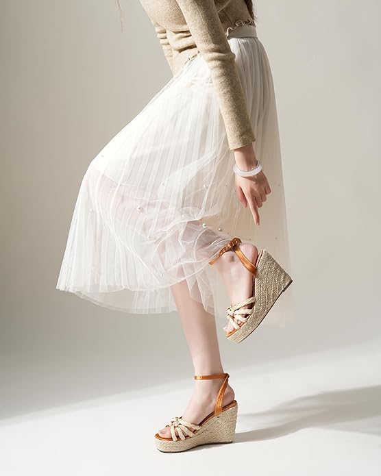 Open Toe Wedge Sandals for Women Espadrilles Platform Braided Strappy Sandals Comfortable Slip on High Heel Summer Wedges Sandals Dressy Shoes with Adjustable Ankle Strap
