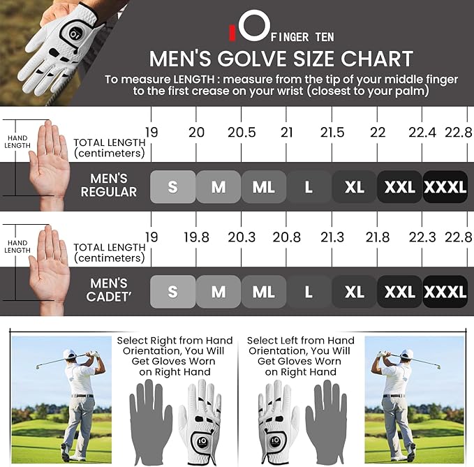 FINGER TEN Men’s Golf Gloves Left Hand Right with Ball Marker 2 Pack, Weathersof Grip Soft Comfortable, Fit Size Small Medium ML Large XL