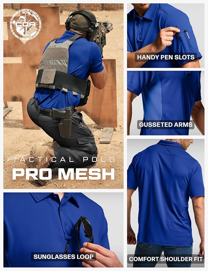 CQR Men's Polo Shirts, Tactical Short Sleeve Golf Performance Shirts, Lightweight Dry Fit UPF 50+ Pique