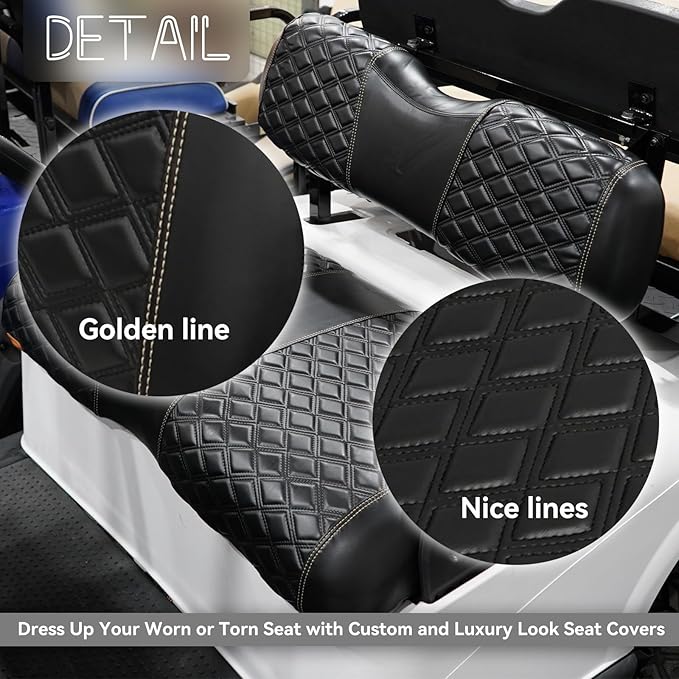 Golf Cart Front and Rear Seat Covers Waterproof and Sun Resistant Marine Grade Vinyl Leather Seat Cover Accessories for EZGO RXV 2008+, Black(4PCS)