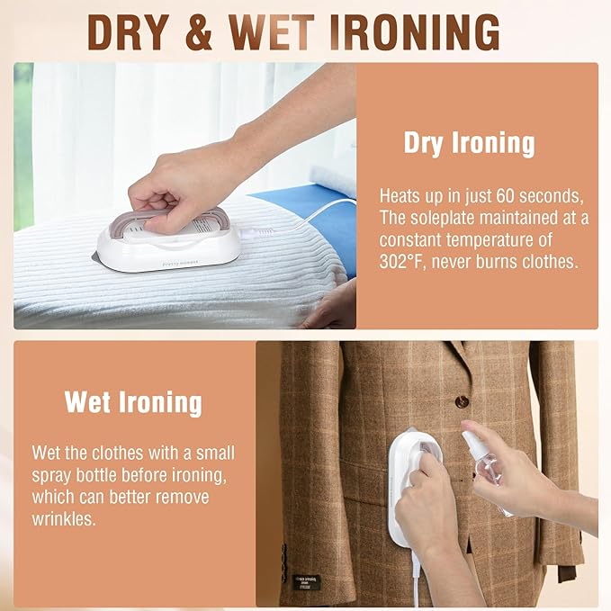 Biupky Travel Iron, Mini Dry Iron for Clothes with Global Voltage 100-240V, 300W Fast Heat Up in 60s, Ceramic Non-Stick Soleplate, Ultra Lightweight 0.8lbs for Travel, Home, Dorms, RV