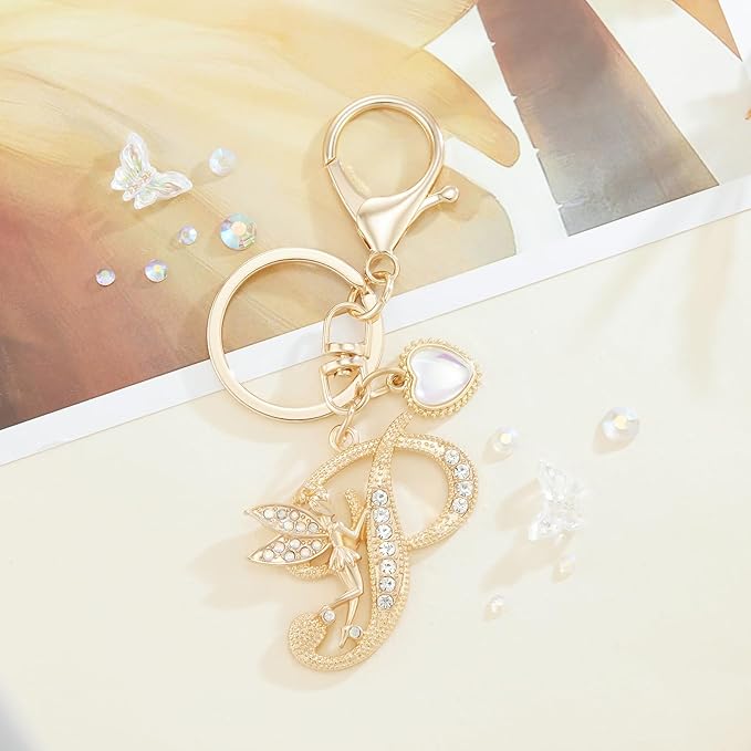Gold Plated Alphabet Initial Letter Keyring Keychain for Women Girls Crystal Key Chains for Wallet Backpack Bag Charm