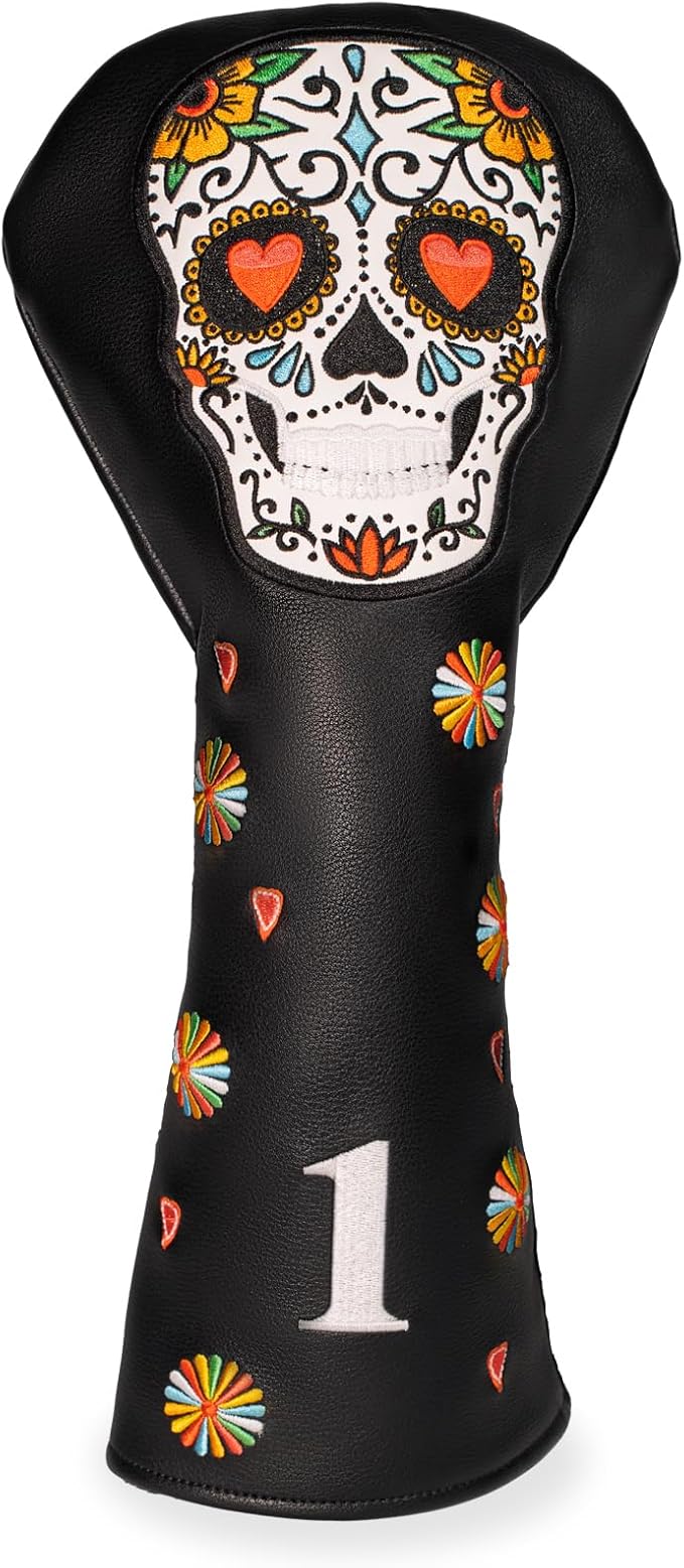 Colorful Skeleton Embroidery Club Covers Driver Headcovers Fairway Wood Cover Hybrid Head Cover Leather 3 Wood Headcover Golf Club Covers for Most Brand.