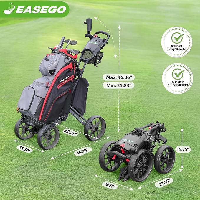 Golf Push Cart 4 Wheel : Golf Walking Carts with Phone Holder/Cup Holder/Umbrella Holder/Foot Brake/Cooler Basket 3 Wheel Superlite Golf Pull Cart All-Terrain Golf Caddy Carts