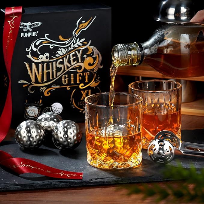 PONPUR Men's Golfer Gifts, Chirstmas Anniversary Birthday Gifts for Dad Him Husband, 4 Whiskey Golf Balls with 1 Tongs, Reusable Stainless Steel Golf Ice Balls Whiskey Gift for Golf Lover