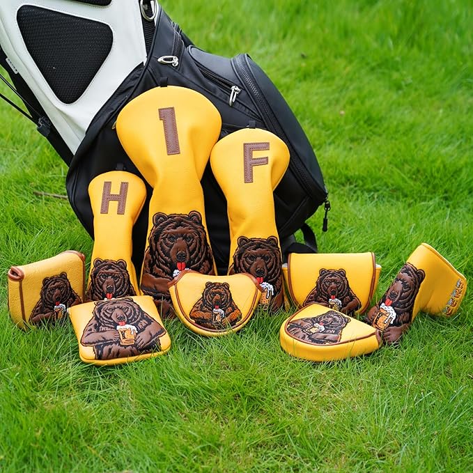 Golf Club Head Cover Golf Head Cover Driver Headcover Fairway Wood Headcover Hybrid Club Head Cover Golf Blade Mallet Putter Cover Beer Bear