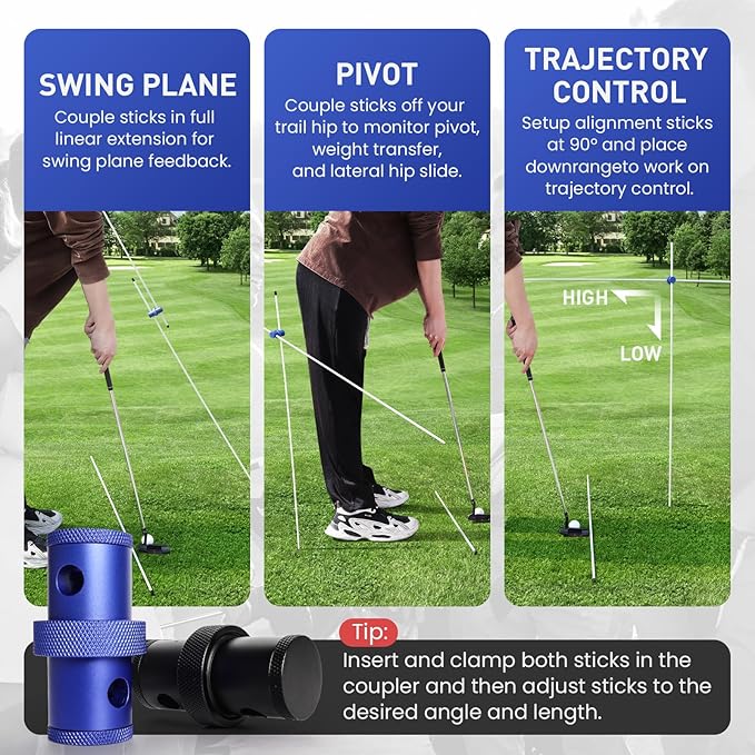 FINGER TEN Golf Alignment Sticks Rods Swing Trainer Tools 48 Inch 2 Or 3 Pack, Fits in Golf Bag Tour Stickers Practice Training Aid