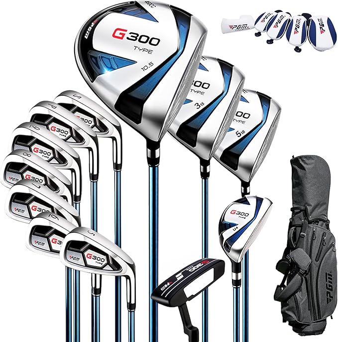 PGM 18 Pieces Men’s Golf Club Set 12pcs Clubs – Titanium #1 Driver, Draw-Biased Hybrid, High-Strength Irons, Forgiving Putter, Stand Bag with 5 Head Covers