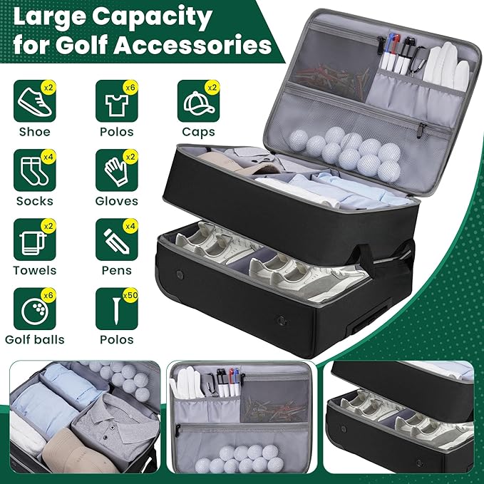 Golf Trunk Organizer for Car with Wheels, 2 Layer Golf Organizer Bag with Multi-Pocket, Golf Supply Storage Bag with Separate Shoe Compartment for Golf Supplies Balls, Tees, Clothes, Gloves