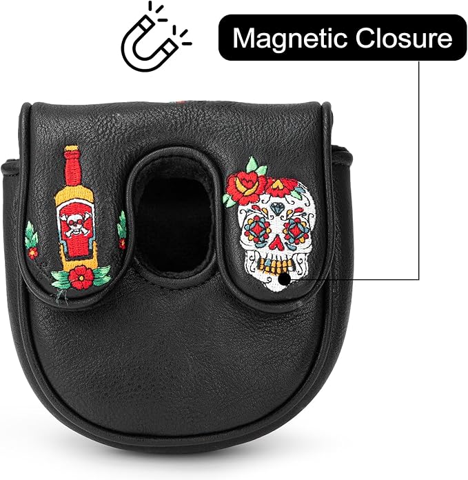 Golf Mallet Putter Cover, Sugar Skull Magnetic Closure Headcover Premium Leather Golf Club Head Covers Fits Golf DF3 Putter, Mallet Putter Headcover