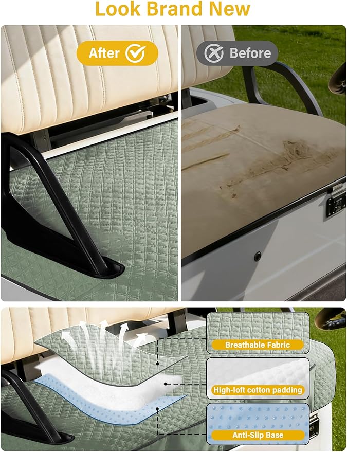 Golf Cart Seat Covers,Golf Cart Seat Towel Blanket with 4 Front Pockets & Nonskid Bottom Fits for EZGO, Yamaha, Club Car and More 2 Person Seats Golf Carts (Silver Green, Yamaha)