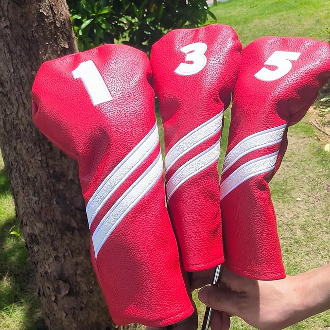 Golf Club Head Covers for Fairway Woods Driver Hybrids, 4pcs Premium PU Leather Women Golf Headcovers Set with No.Tags1 3 5 X.(Red)
