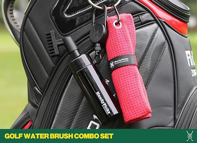 Handy Picks Golf Club Cleaner with Water Bottle Holds 5.5 OZ, Heavy Duty Metal Retractable Magnetic Clip, Waffle Microfiber Golf Towel, Ideal Water Brush Combo
