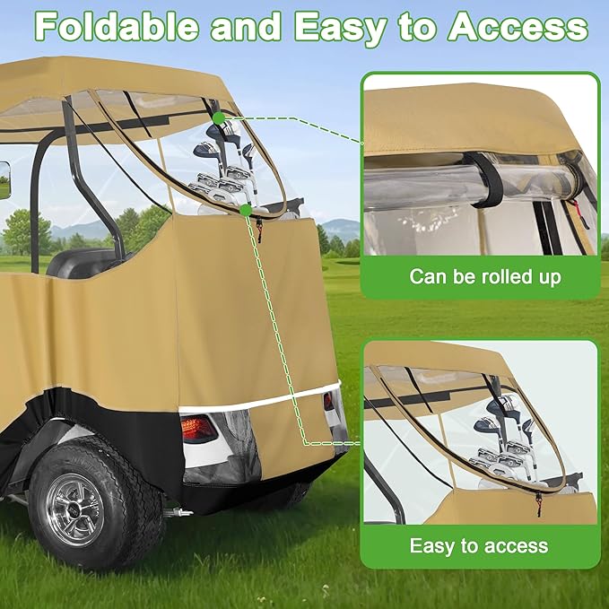 10L0L Golf Cart Enclosure for EZGO TXT 2 Passenger, 4-Sided Clear Window Rain Cover All Weather Waterproof Windproof, Khaki