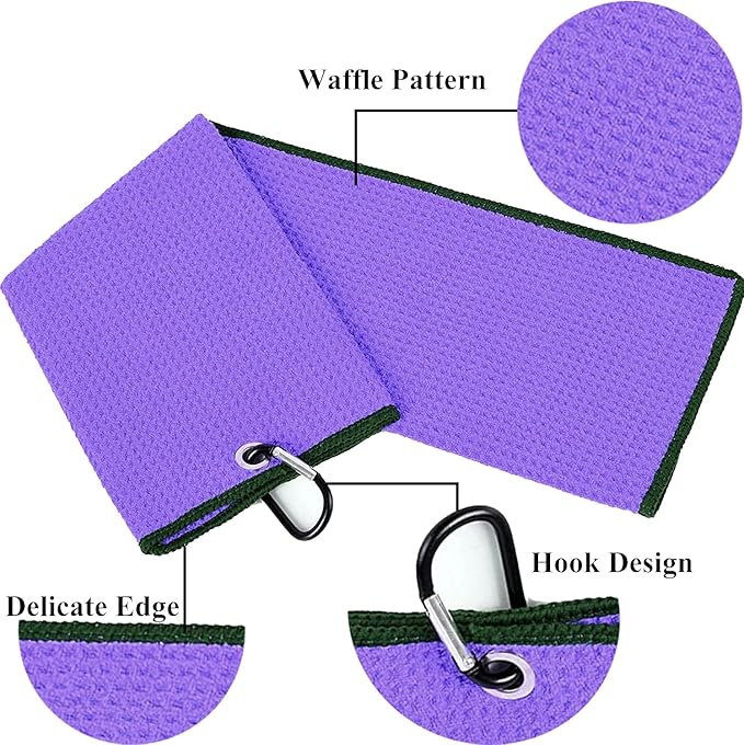 VIVIDLY 2 Pack Tri-fold Golf Towels, Premium Microfiber Fabric Waffle Pattern with Black Heavy Duty Carabiner Clip, Purple Golf Towels for Golf Bags for Men (Purple)
