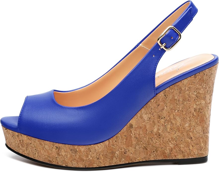 Womens Peep Toe Wedge Heels Matte Fashion Cork Slingback Pumps Platform Wedge Sandals 3.94 Inches