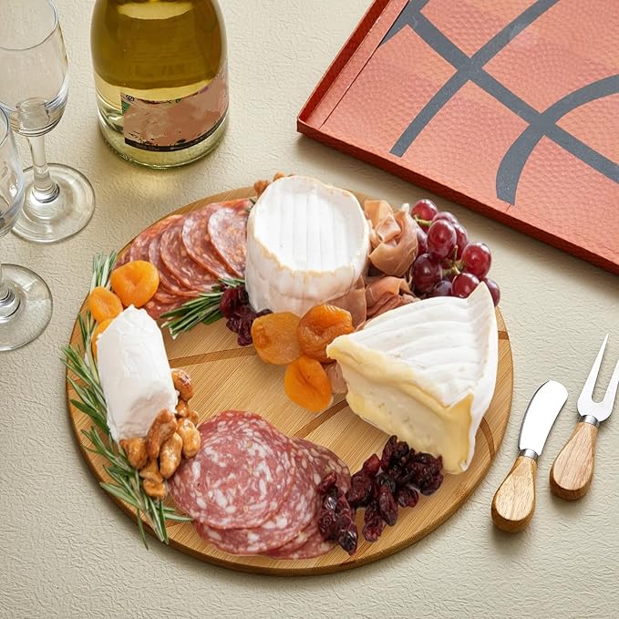 Basketball Cheese Board Gift Set Party Favor Prizes Charcuterie Wood Board with Knives and Box Father Day Gift for Dad Grandpa Party Tournament Game(Bamboo Wood, Basketball)