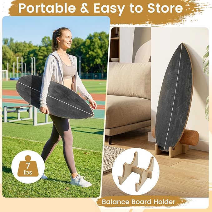 GYMAX Balance Board for Adults, 330LBS Wobble Boards with Storage Rack, Wooden Exercise Balancing Stability Trainer for Improve Balance, Surfing, Skate, Yoga, Skateboarding