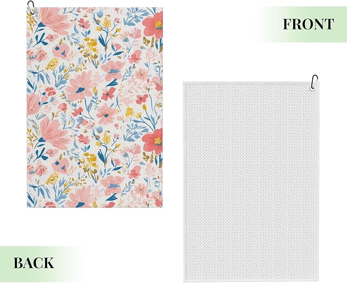 Pink Floral Golf Towel with Carabiner Clip 24"x16" Microfiber Waffle Cute Flower Ladies Golf Towels for Golf Bags Funny Golf Rag for Disc Balls Clubs Golfs Accessories for Women Men Girls